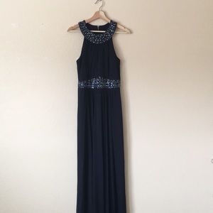 Navy blue full length prom dress. Beaded